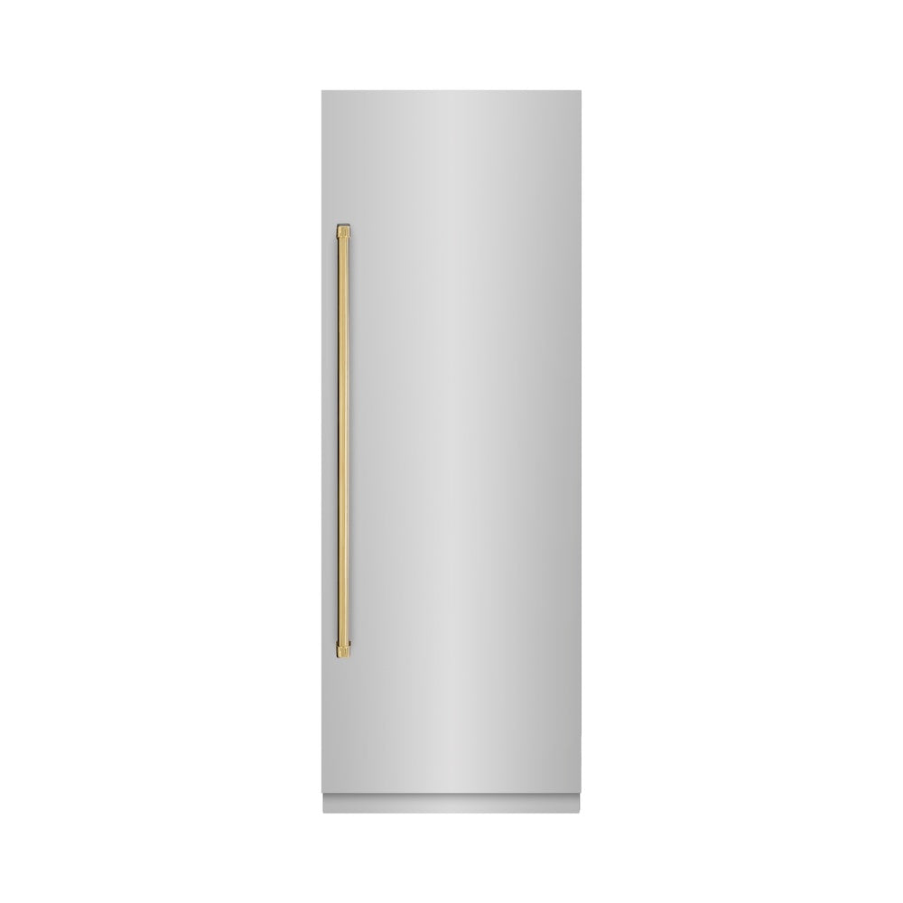 ZLINE Autograph Edition 30-inch refrigerator in stainless steel with graphite gray interior and polished gold accents RCRVZ-30430-G, front view