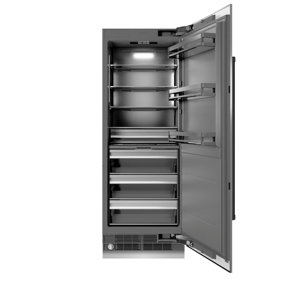 ZLINE Autograph Edition 30-inch refrigerator in stainless steel with graphite gray interior and matte black accents RCRVZ-30430-MB