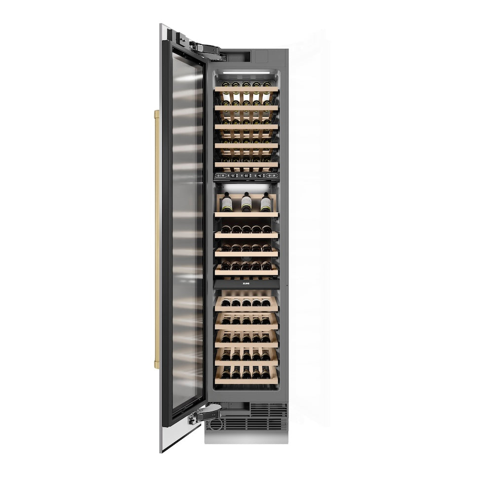ZLINE Autograph Edition 18-inch wine cooler in stainless steel with graphite gray interior and champagne bronze accents RCWVLZ-30418-CB, front view