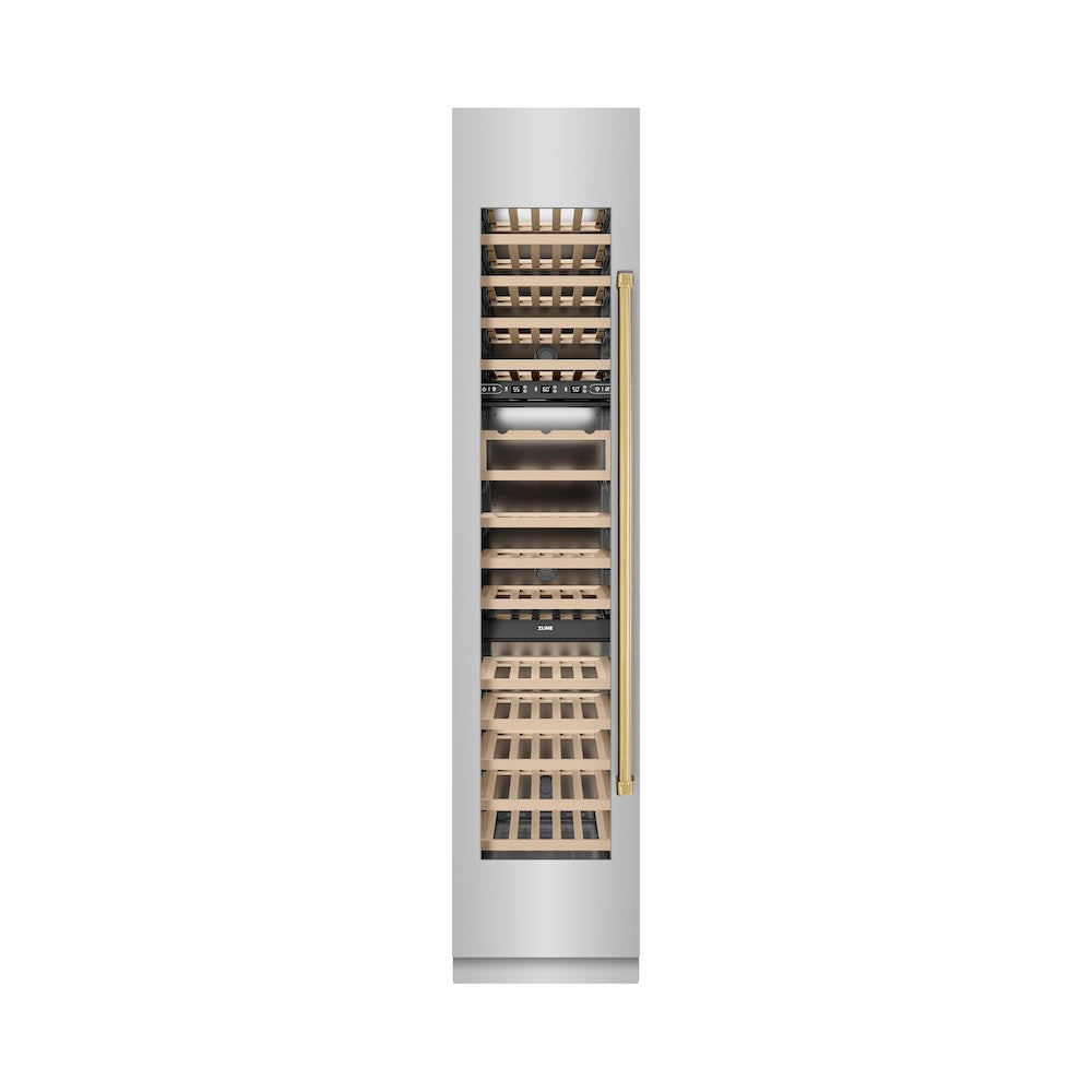 ZLINE Autograph Edition 18-inch wine cooler in stainless steel with graphite gray interior and polished gold accents RCWVLZ-30418-G, front view