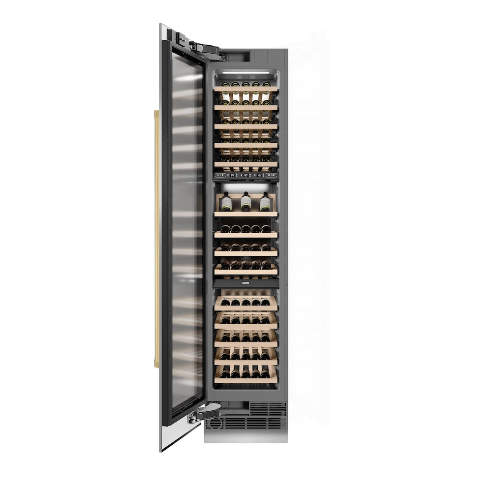 ZLINE Autograph Edition 18-inch wine cooler in stainless steel with graphite gray interior and polished gold accents RCWVLZ-30418-G, front view