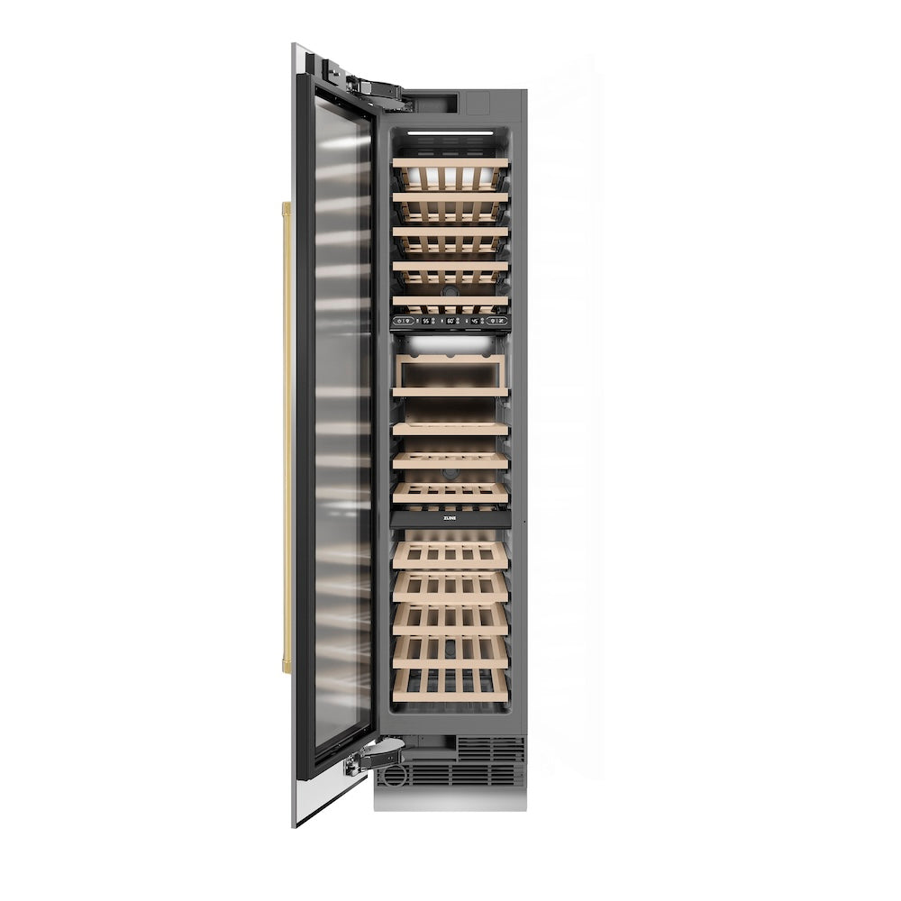 ZLINE Autograph Edition 18-inch wine cooler in stainless steel with graphite gray interior and polished gold accents RCWVLZ-30418-G, front view