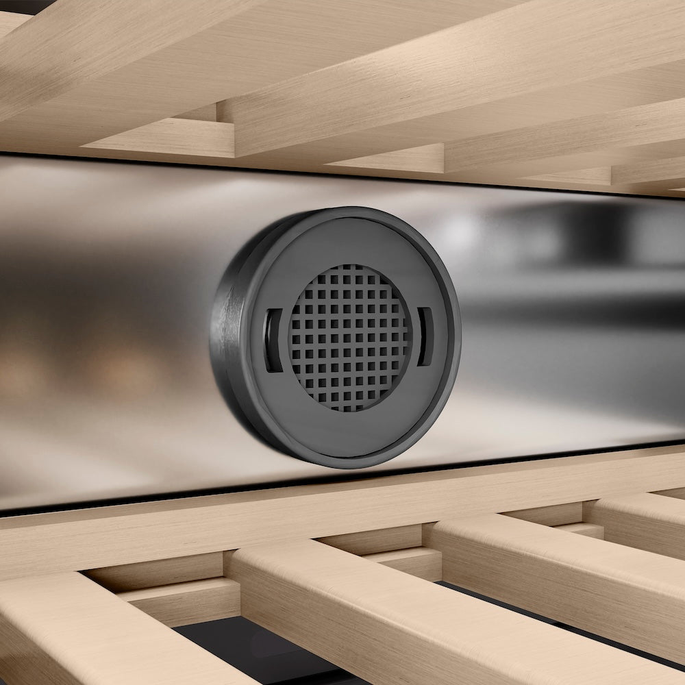 ZLINE Autograph Edition 18-inch wine cooler in stainless steel with graphite gray interior and matte black accents RCWVLZ-30418-MB, detail