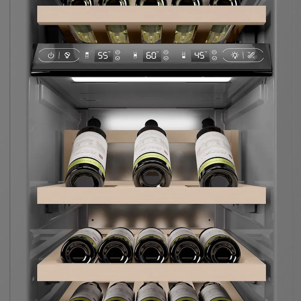 ZLINE Autograph Edition 18-inch wine cooler in stainless steel with graphite gray interior and matte black accents RCWVLZ-30418-MB, detail