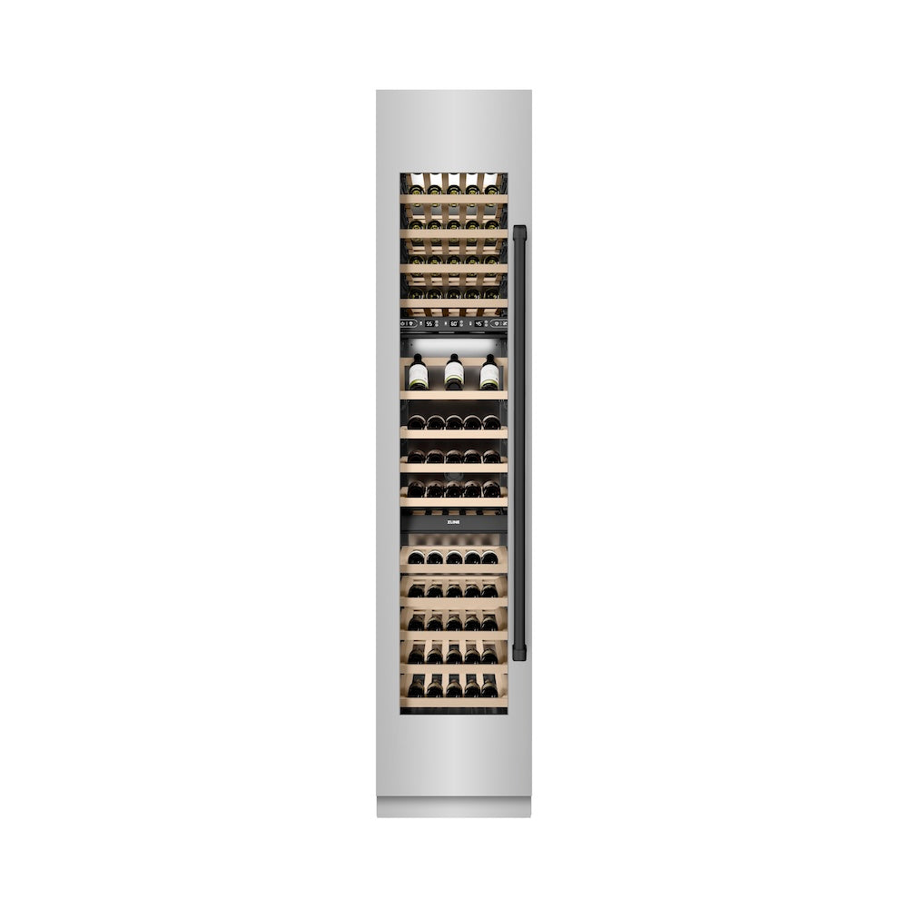 ZLINE Autograph Edition 18-inch wine cooler in stainless steel with graphite gray interior and matte black accents RCWVLZ-30418-MB, front view