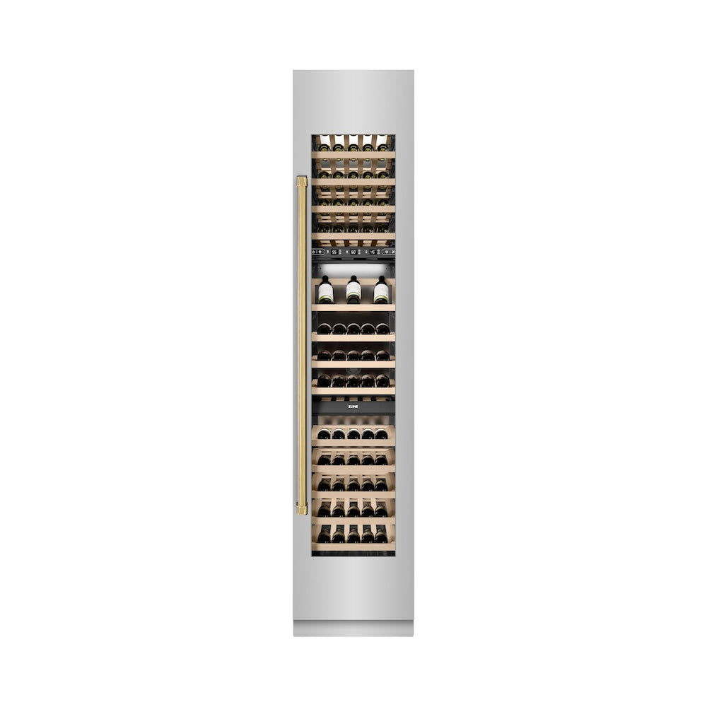 ZLINE Autograph Edition 18-inch wine cooler in stainless steel with graphite gray interior and polished gold accents RCWVRZ-30418-G, front view