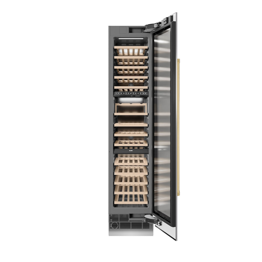 ZLINE Autograph Edition 18-inch wine cooler in stainless steel with graphite gray interior and polished gold accents RCWVRZ-30418-G, front view