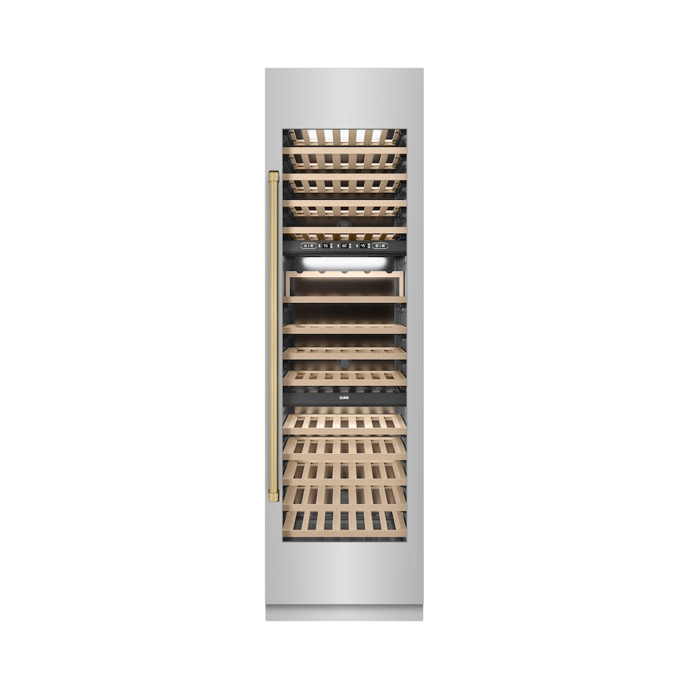 ZLINE Autograph Edition 24-inch wine cooler in stainless steel with graphite gray interior and champagne bronze accents RCWVZ-304-24-CB