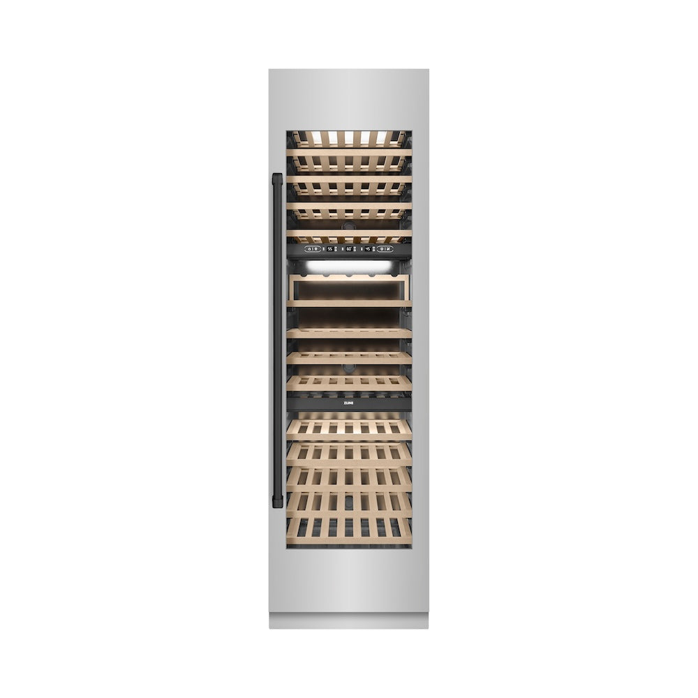 ZLINE Autograph Edition 24-inch wine cooler in stainless steel with graphite gray interior and matte black accents RCWVZ-304-24-MB