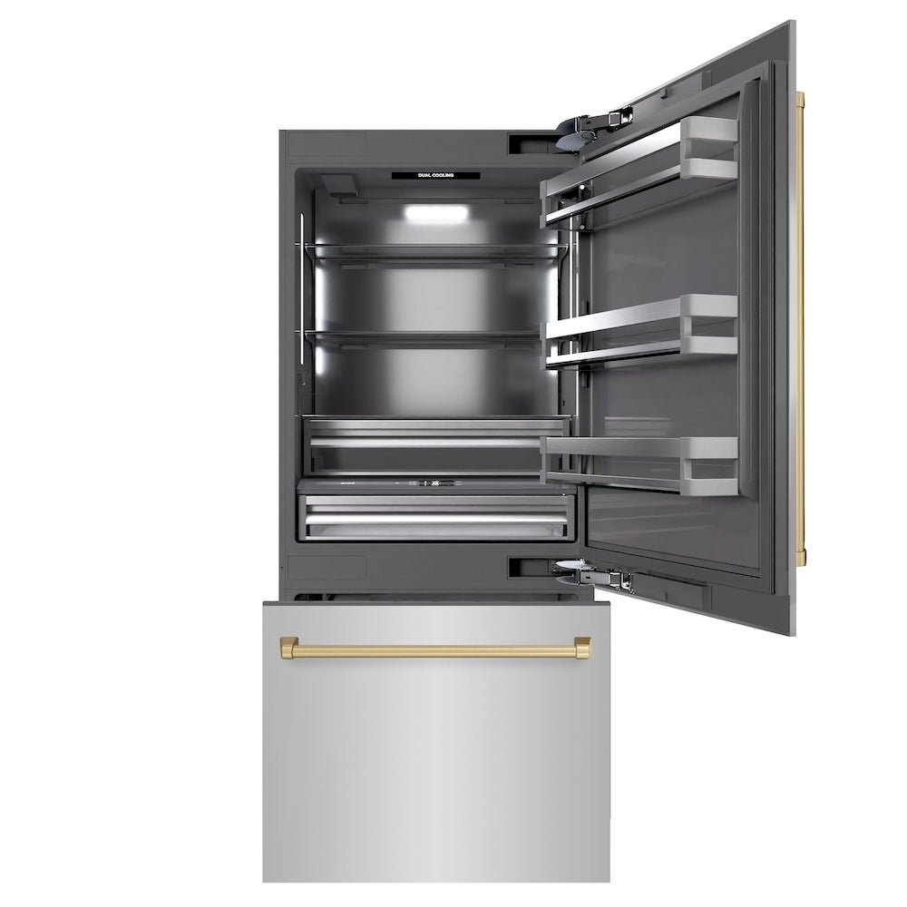 ZLINE Autograph Edition 36-inch refrigerator in stainless steel with graphite gray interior and champagne bronze accents GRBITZ-304-36CB, front view
