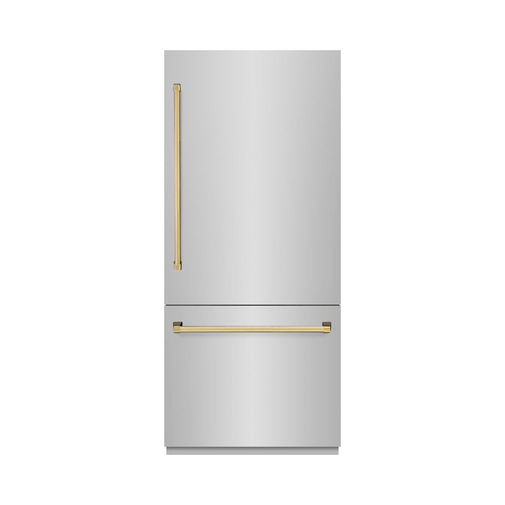 ZLINE Autograph Edition 36-inch refrigerator in stainless steel with graphite gray interior and polished gold accents GRBITZ-304-36G, front view