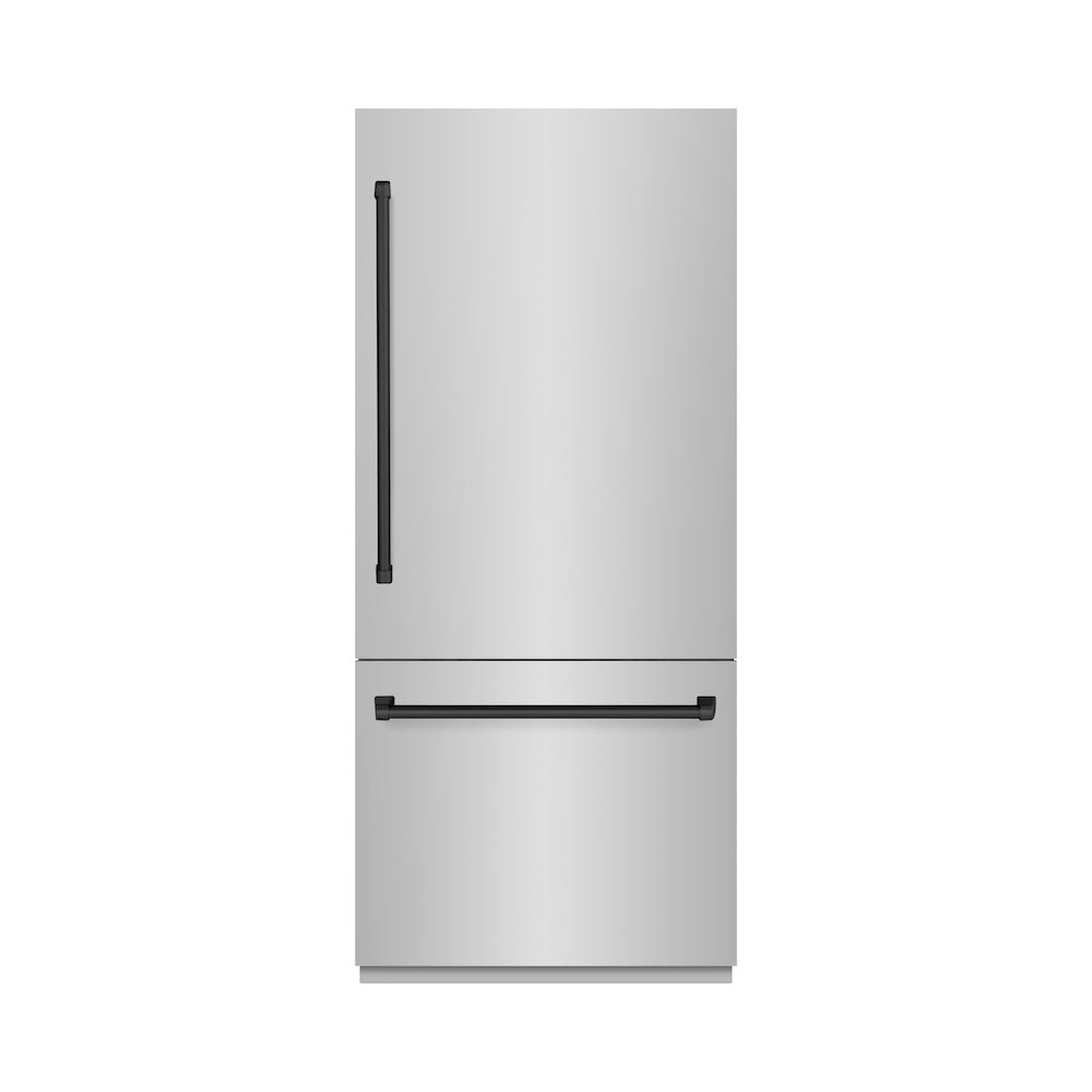 ZLINE Autograph Edition 36-inch refrigerator in stainless steel with graphite gray interior and matte black accents GRBITZ-304-36MB, front view