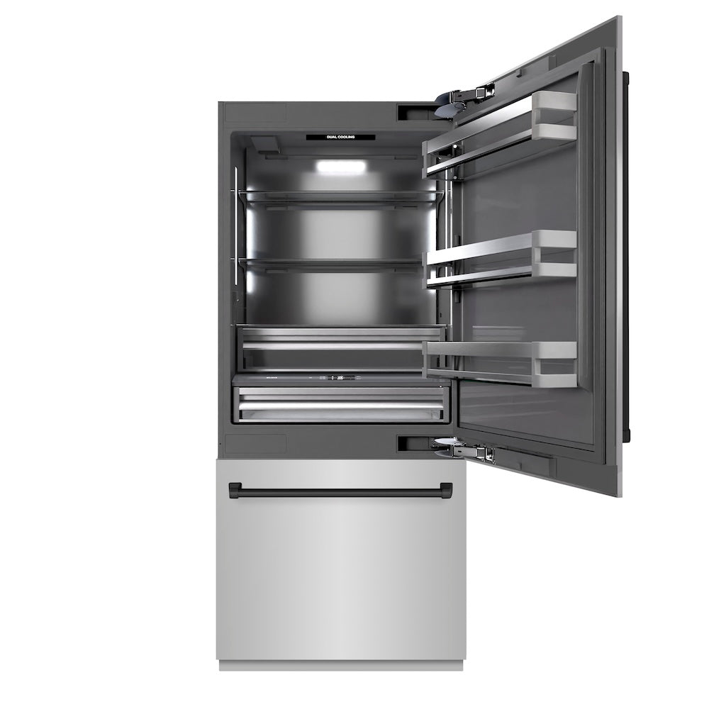 ZLINE Autograph Edition 36-inch refrigerator in stainless steel with graphite gray interior and matte black accents GRBITZ-304-36MB
