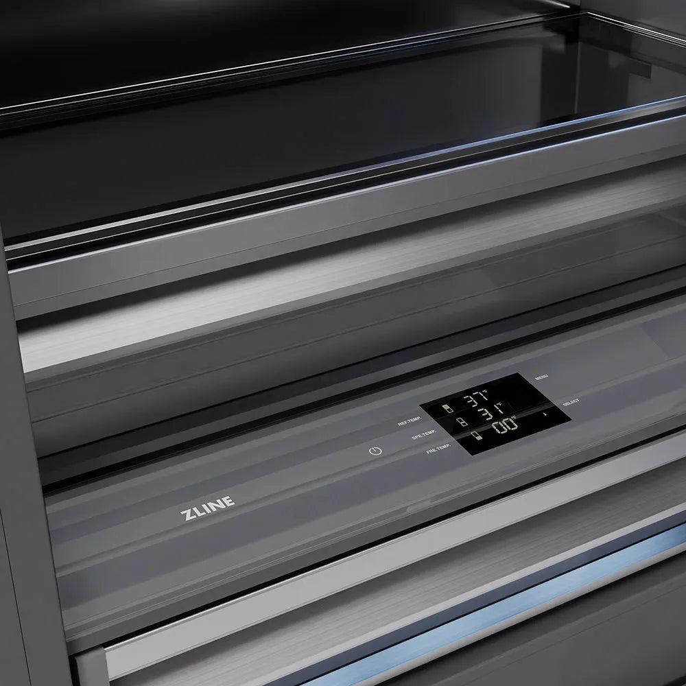 ZLINE Autograph Edition 36-inch refrigerator in stainless steel with graphite gray interior and champagne bronze accents GRBITZ-30436KCB, detail