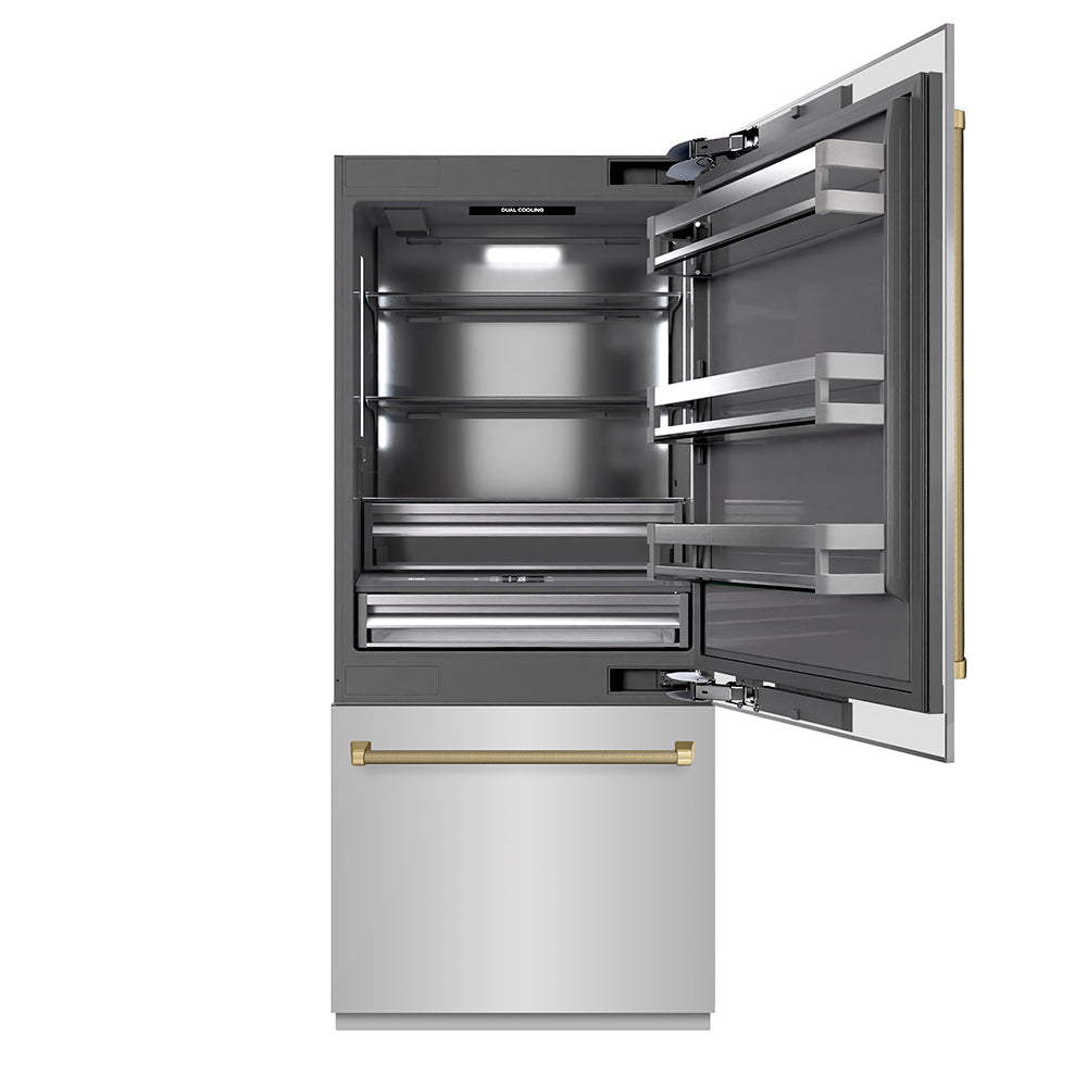 ZLINE Autograph Edition 36-inch refrigerator in stainless steel with graphite gray interior and champagne bronze accents GRBITZ-30436KCB, front view