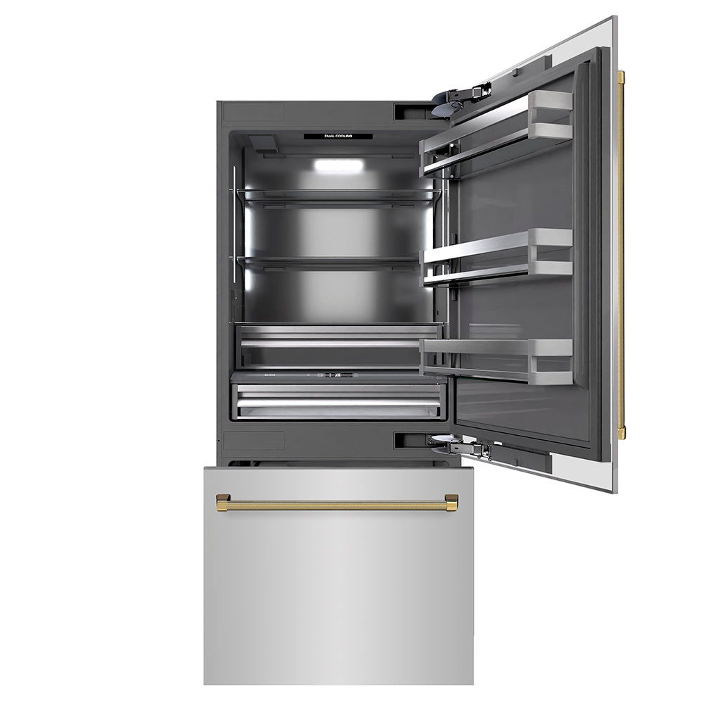 ZLINE Autograph Edition 36-inch refrigerator in stainless steel with graphite gray interior and polished gold accents GRBITZ-30436KG