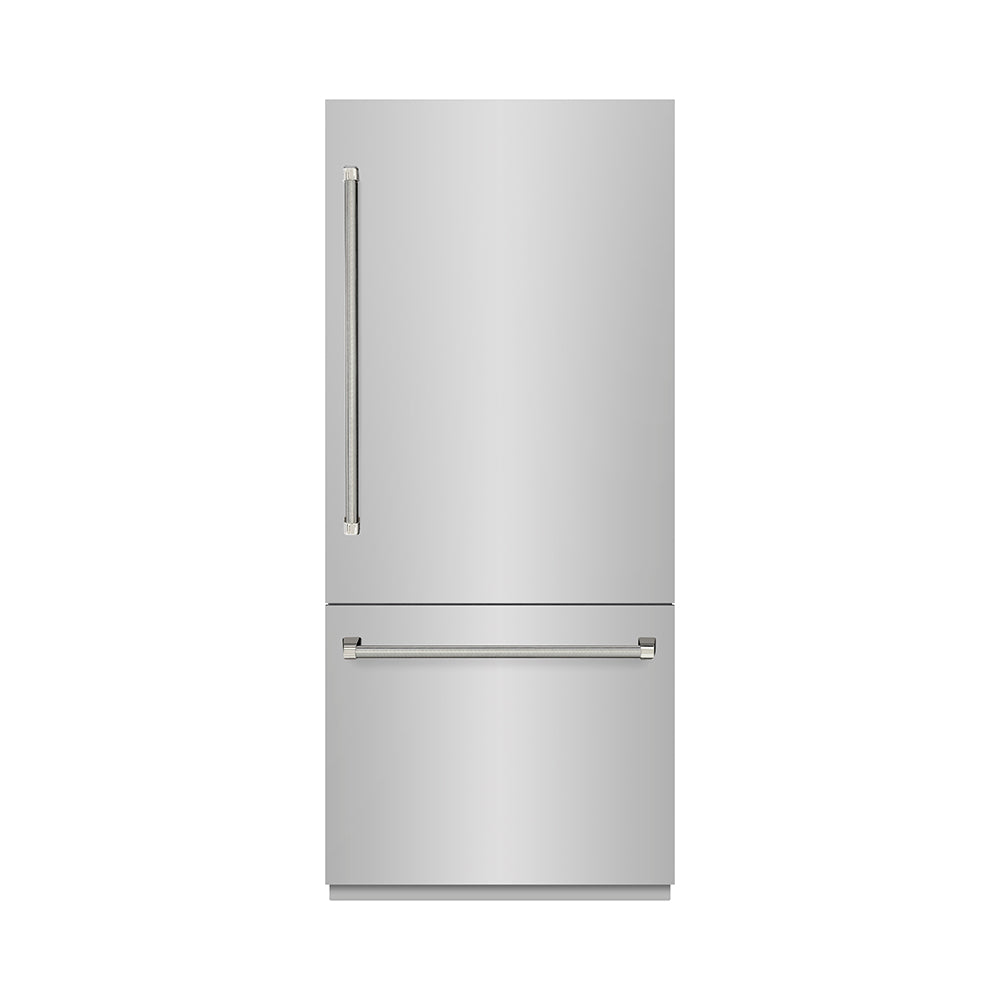 ZLINE Autograph Edition 36-inch refrigerator in stainless steel with graphite gray interior and polished nickel accents GRBITZ-30436KPN, front view