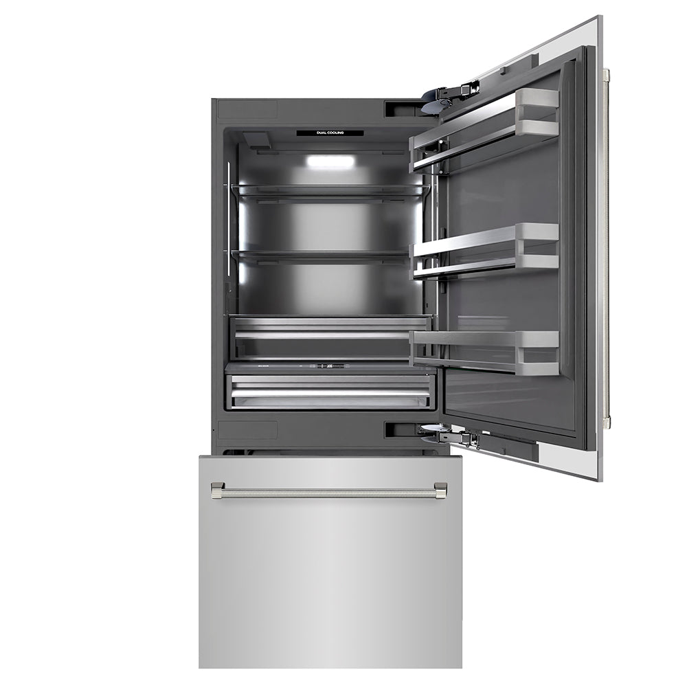 ZLINE Autograph Edition 36-inch refrigerator in stainless steel with graphite gray interior and polished nickel accents GRBITZ-30436KPN