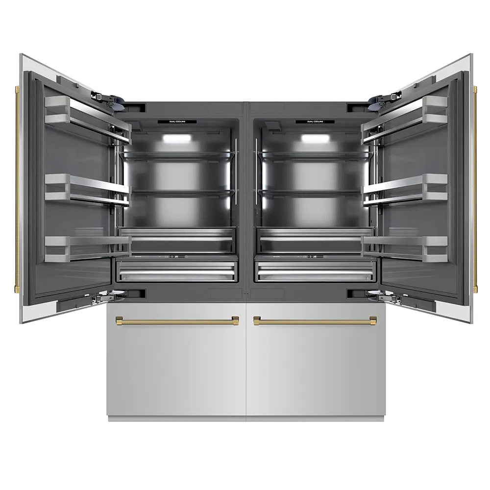 ZLINE Autograph Edition 72-inch refrigerator in stainless steel with graphite gray interior and polished gold accents GRBITZ-30472KG