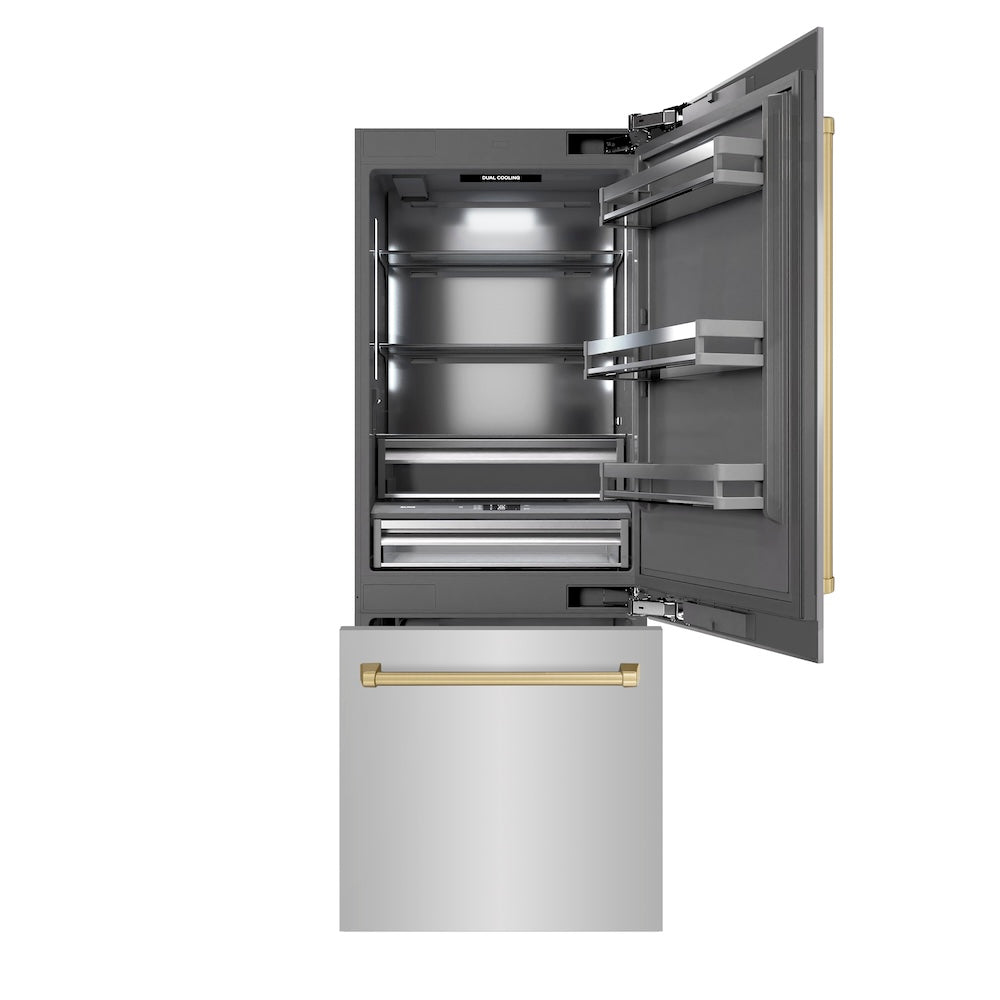 ZLINE Autograph Edition 30-inch refrigerator in stainless steel with graphite gray interior and champagne bronze accents GRBIVZ-304-30CB