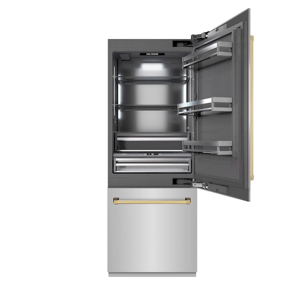 ZLINE Autograph Edition 30-inch refrigerator in stainless steel with graphite gray interior and polished gold accents GRBIVZ-304-30G, front view