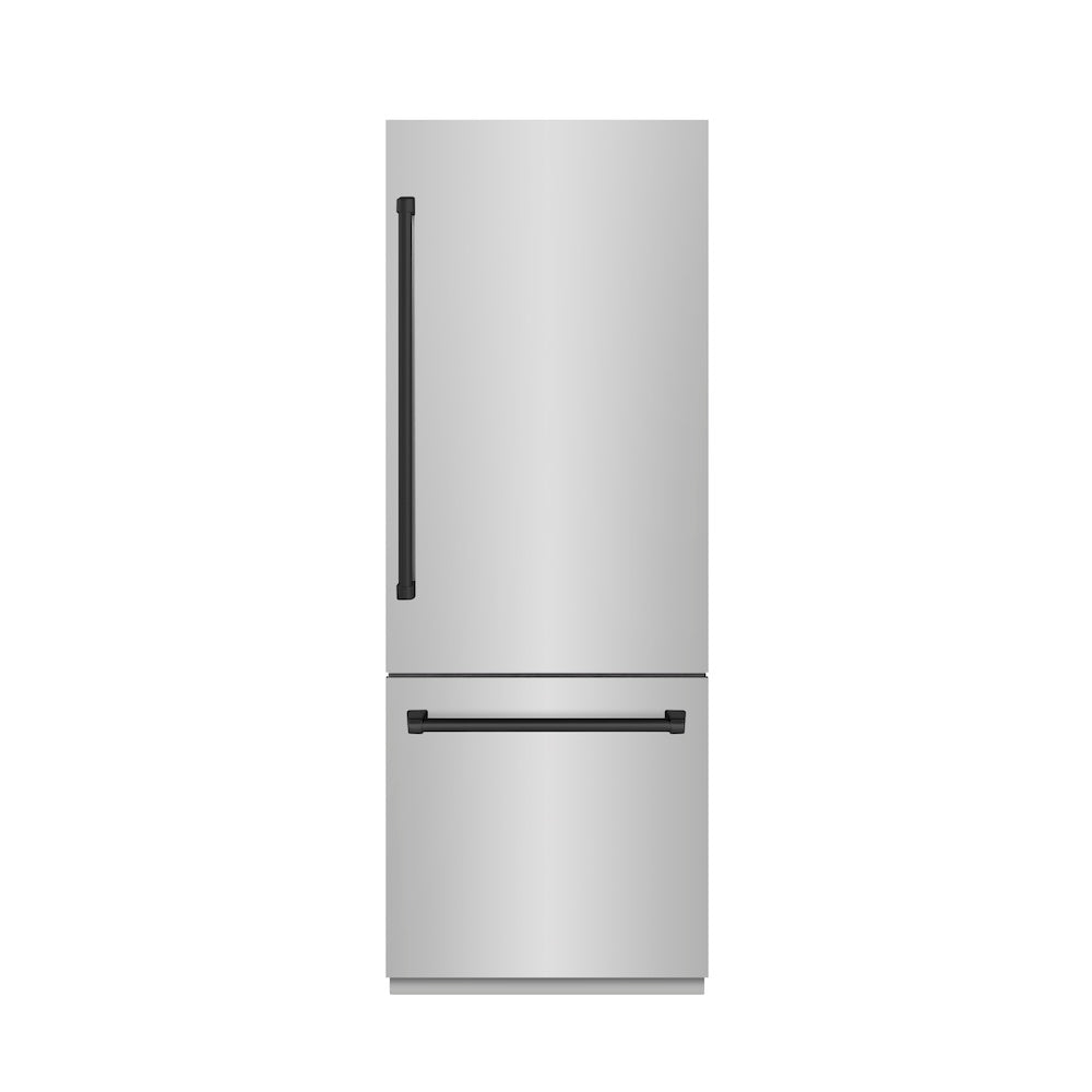 ZLINE Autograph Edition 30-inch refrigerator in stainless steel with graphite gray interior and matte black accents GRBIVZ-304-30MB, front view