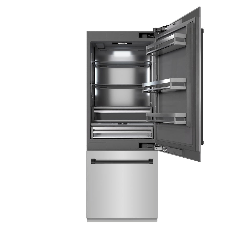 ZLINE Autograph Edition 30-inch refrigerator in stainless steel with graphite gray interior and matte black accents GRBIVZ-304-30MB, front view