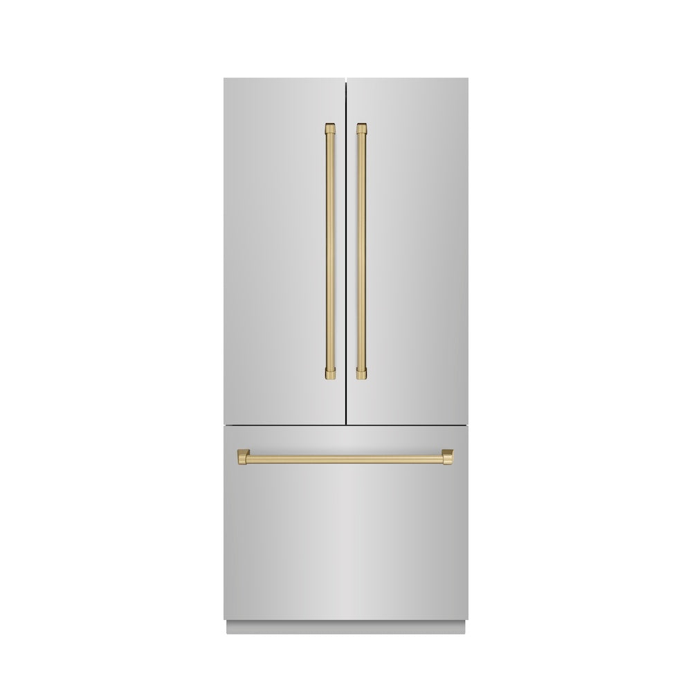 ZLINE Autograph Edition 36-inch refrigerator in stainless steel with graphite gray interior and champagne bronze accents GRBIVZ-304-36CB, front view
