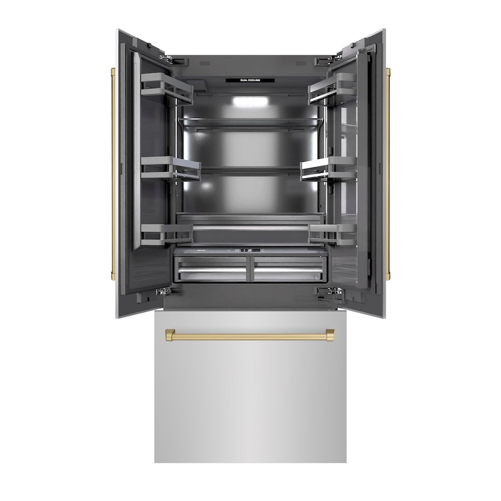 ZLINE Autograph Edition 36-inch refrigerator in stainless steel with graphite gray interior and champagne bronze accents GRBIVZ-304-36CB