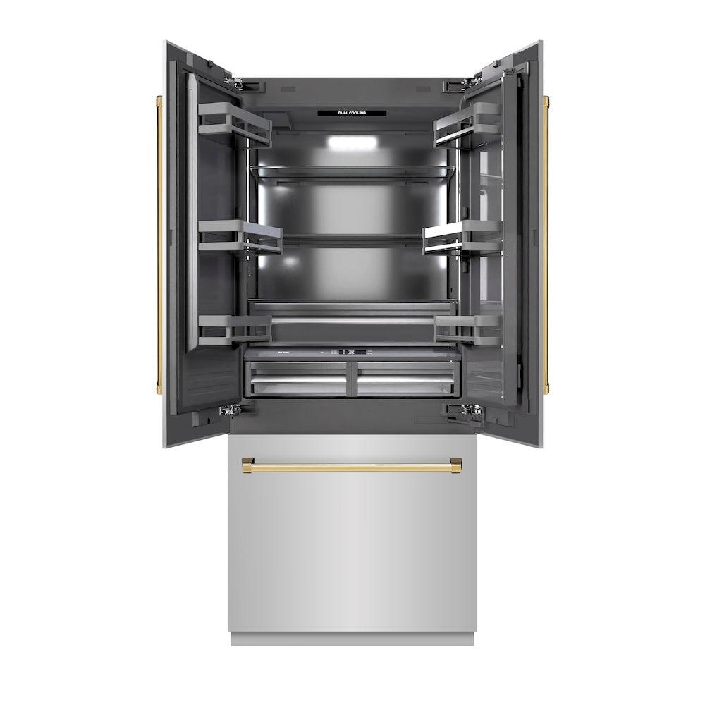 ZLINE Autograph Edition 36-inch refrigerator in stainless steel with graphite gray interior and polished gold accents GRBIVZ-304-36G