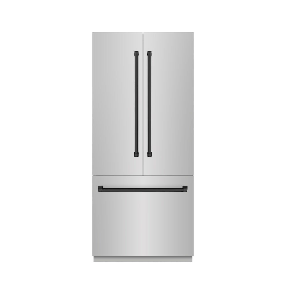 ZLINE Autograph Edition 36-inch refrigerator in stainless steel with graphite gray interior and matte black accents GRBIVZ-304-36MB, front view