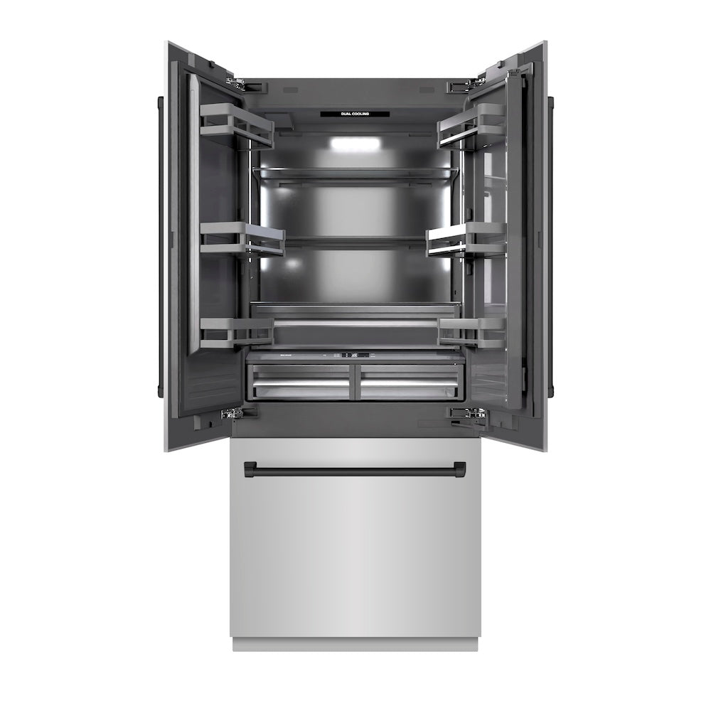 ZLINE Autograph Edition 36-inch refrigerator in stainless steel with graphite gray interior and matte black accents GRBIVZ-304-36MB, front view