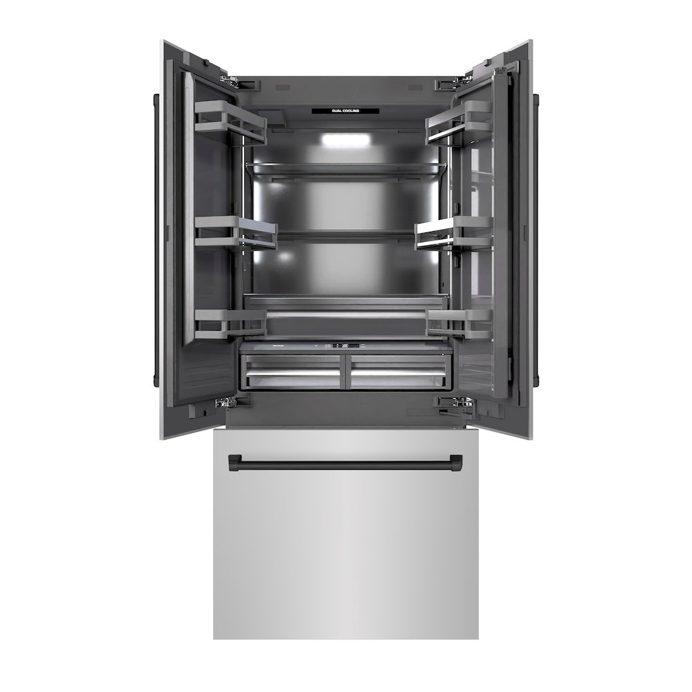 ZLINE Autograph Edition 36-inch refrigerator in stainless steel with graphite gray interior and matte black accents GRBIVZ-304-36MB
