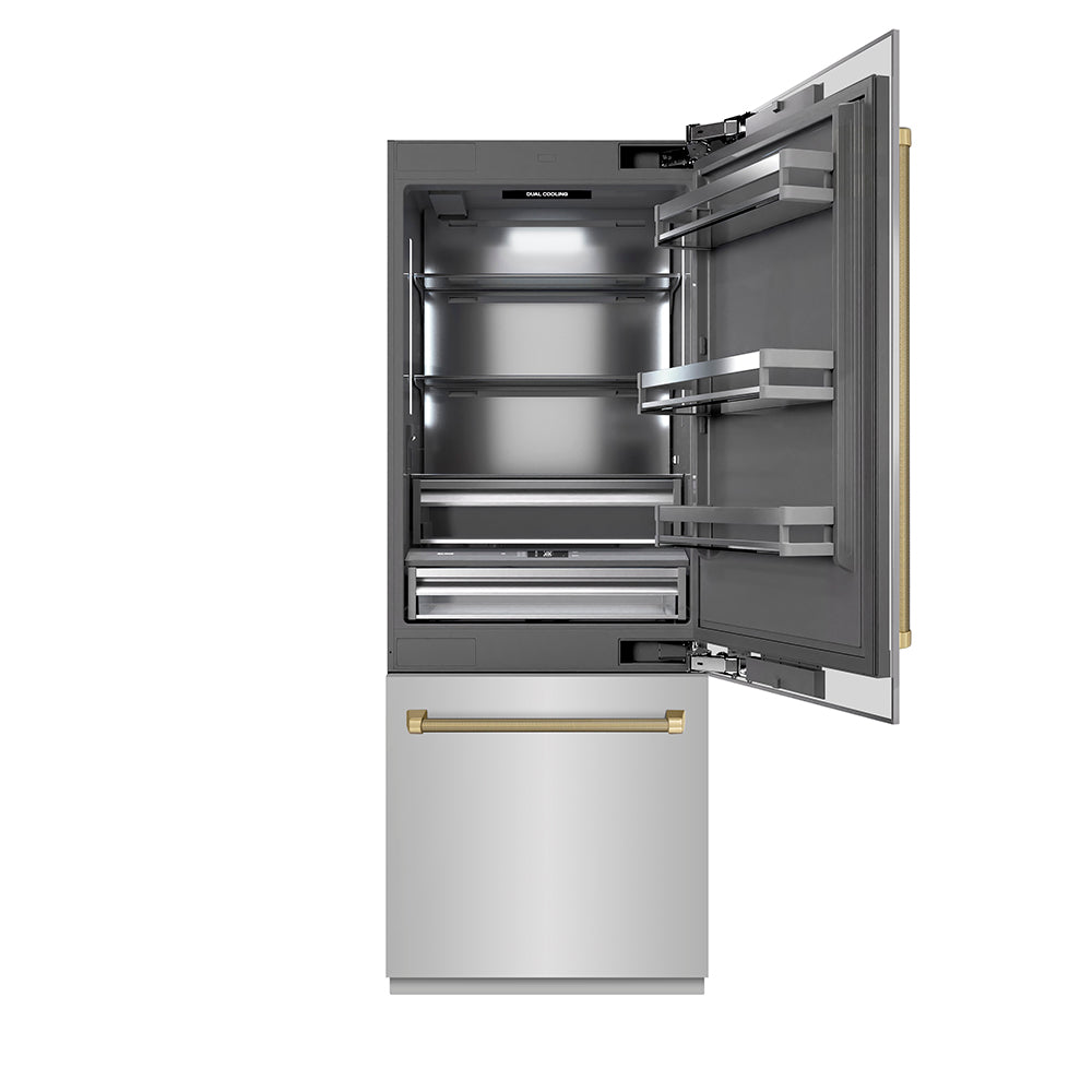 ZLINE Autograph Edition 30-inch refrigerator in stainless steel with graphite gray interior and champagne bronze accents GRBIVZ-30430KCB, front view
