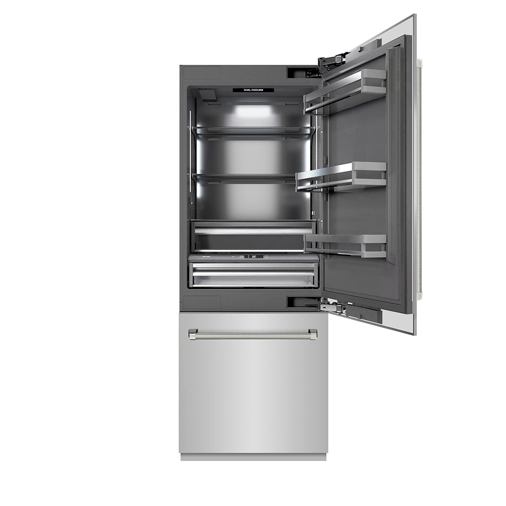ZLINE Autograph Edition 30-inch refrigerator in stainless steel with graphite gray interior and polished nickel accents GRBIVZ-30430KPN