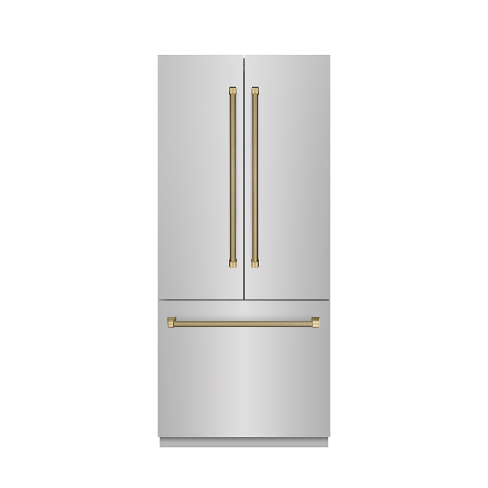 ZLINE Autograph Edition 36-inch refrigerator in stainless steel with graphite gray interior and champagne bronze accents GRBIVZ-30436KCB, front view