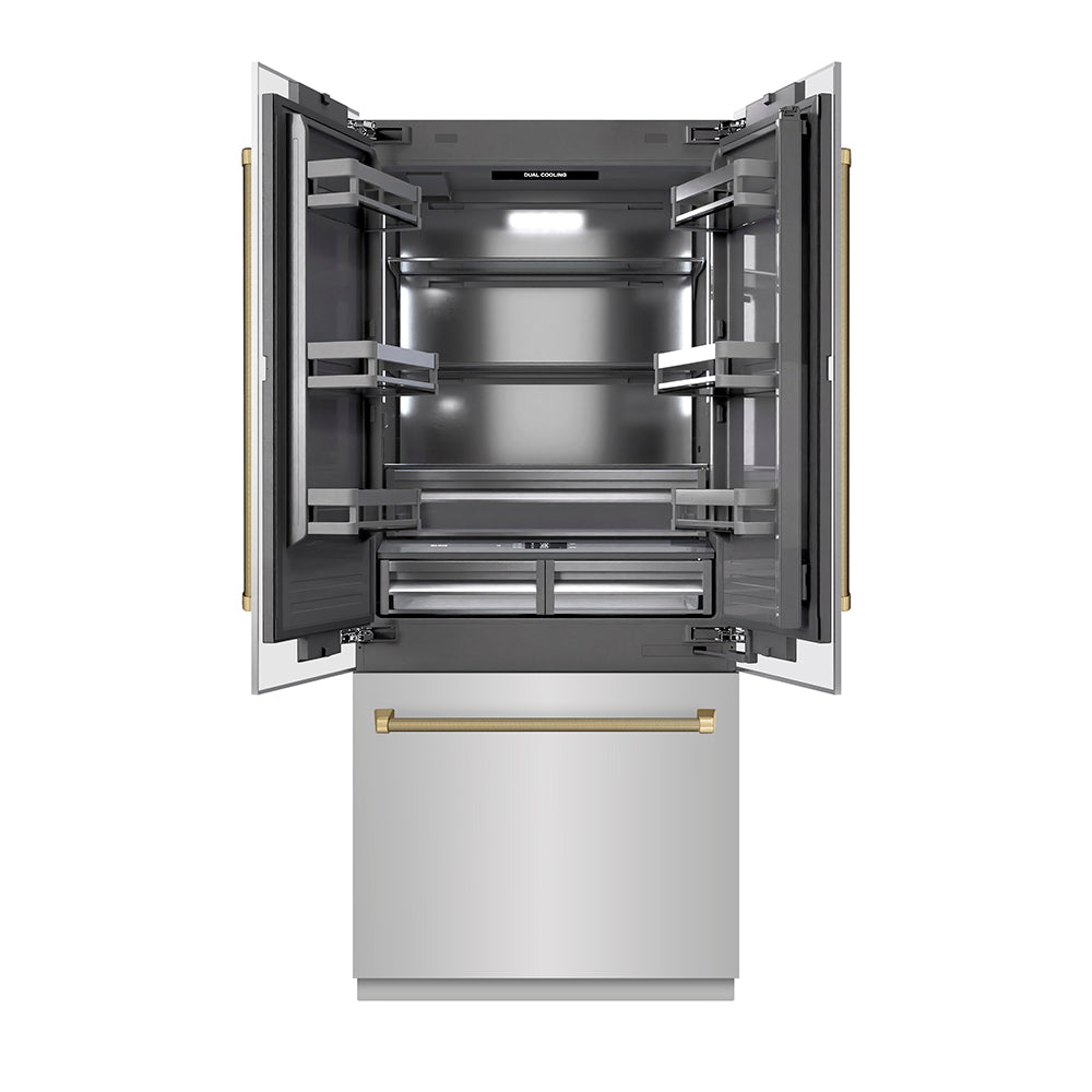 ZLINE Autograph Edition 36-inch refrigerator in stainless steel with graphite gray interior and champagne bronze accents GRBIVZ-30436KCB, front view