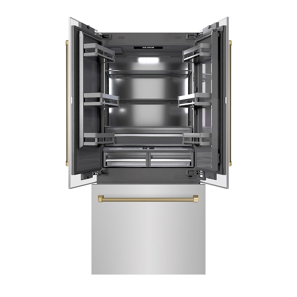 ZLINE Autograph Edition 36-inch refrigerator in stainless steel with graphite gray interior and champagne bronze accents GRBIVZ-30436KCB
