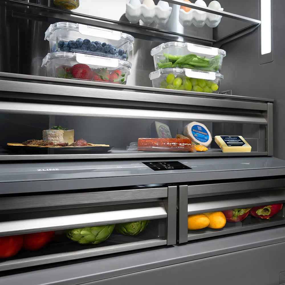 ZLINE Autograph Edition 36-inch refrigerator in stainless steel with graphite gray interior and polished gold accents GRBIVZ-30436KG, detail