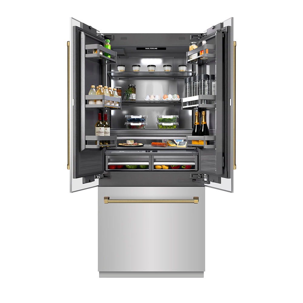 ZLINE Autograph Edition 36-inch refrigerator in stainless steel with graphite gray interior and polished gold accents GRBIVZ-30436KG, front view