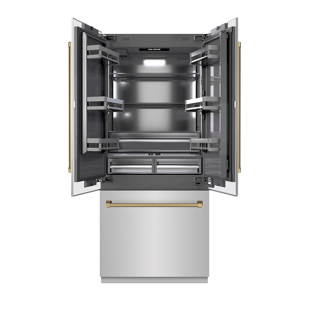 ZLINE Autograph Edition 36-inch refrigerator in stainless steel with graphite gray interior and polished gold accents GRBIVZ-30436KG
