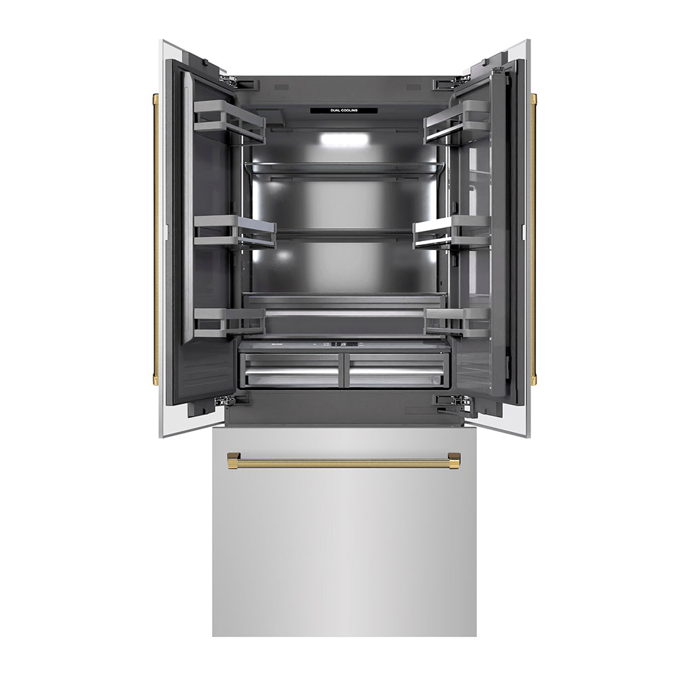 ZLINE Autograph Edition 36-inch refrigerator in stainless steel with graphite gray interior and polished gold accents GRBIVZ-30436KG, front view