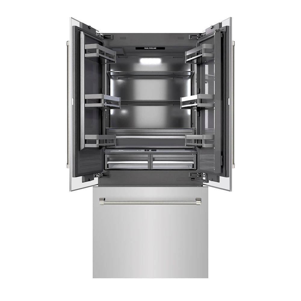ZLINE Autograph Edition 36-inch refrigerator in stainless steel with graphite gray interior and polished nickel accents GRBIVZ-30436KPN