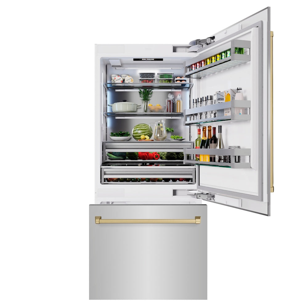 ZLINE Autograph Edition 36-inch refrigerator in stainless steel with bright white interior and champagne bronze accents RBITZ-304-36CB, front view