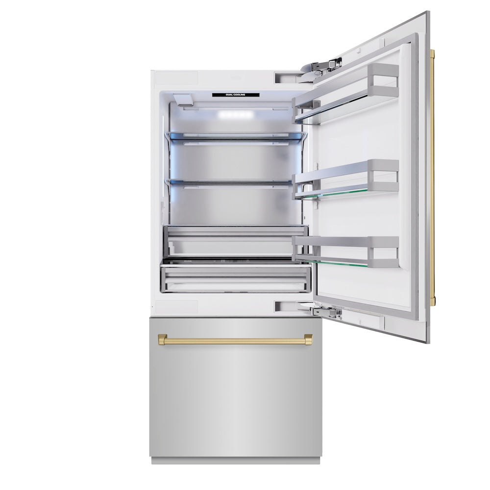 ZLINE Autograph Edition 36-inch refrigerator in stainless steel with bright white interior and champagne bronze accents RBITZ-304-36CB, front view