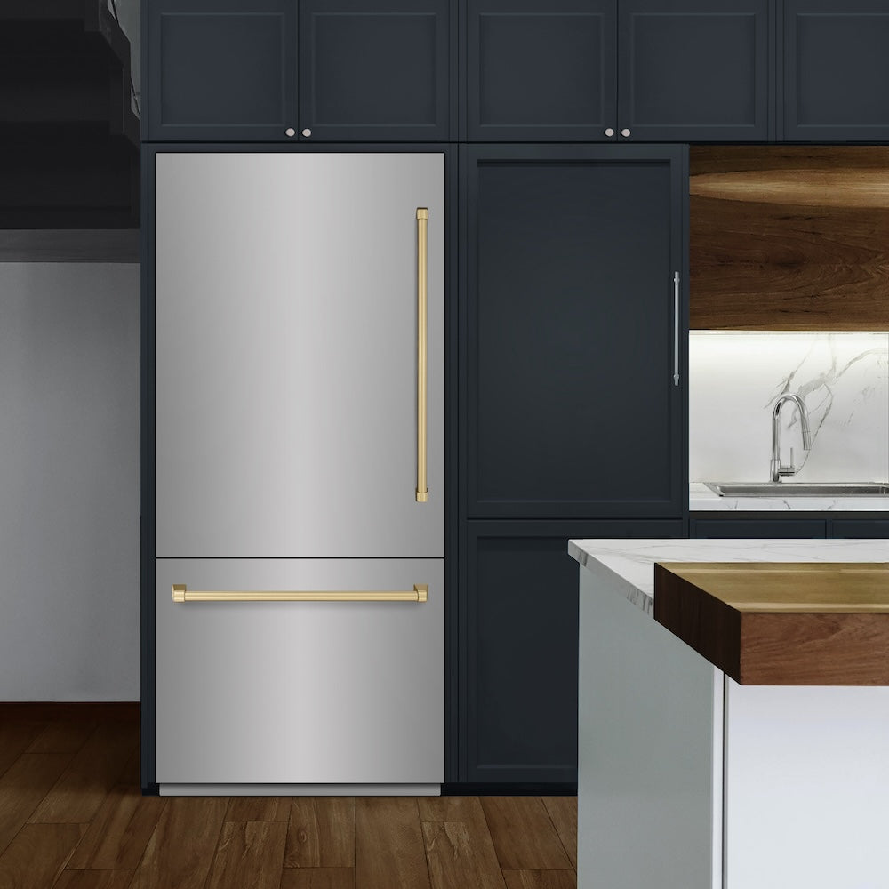 ZLINE Autograph Edition 36-inch refrigerator in stainless steel with bright white interior and champagne bronze accents RBITZ-304-36CB, view 2