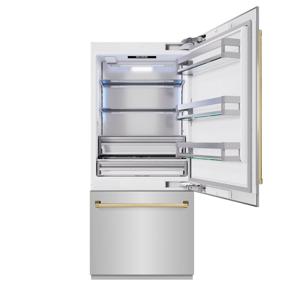 ZLINE Autograph Edition 36-inch refrigerator in stainless steel with bright white interior and polished gold accents RBITZ-304-36G, front view