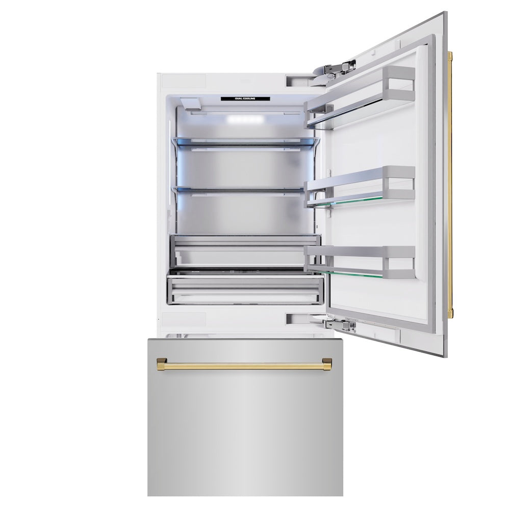 ZLINE Autograph Edition 36-inch refrigerator in stainless steel with bright white interior and polished gold accents RBITZ-304-36G, front view
