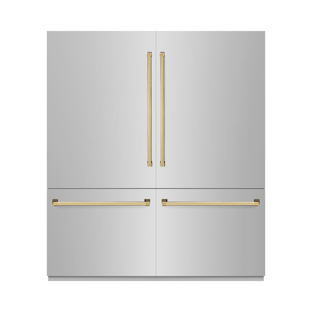 ZLINE Autograph Edition 72-inch refrigerator in stainless steel with bright white interior and polished gold accents RBITZ-304-72G