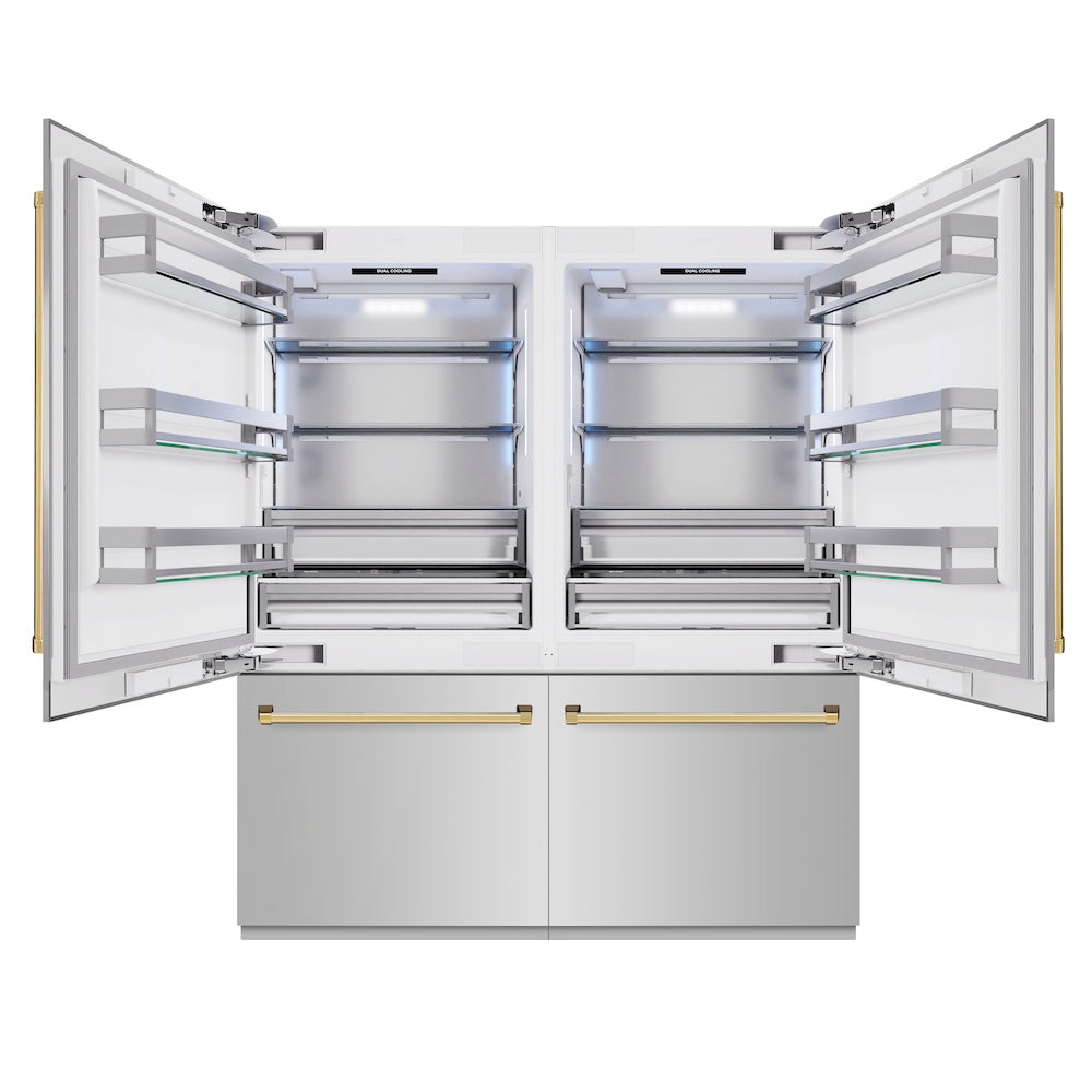 ZLINE Autograph Edition 72-inch refrigerator in stainless steel with bright white interior and polished gold accents RBITZ-304-72G, front view